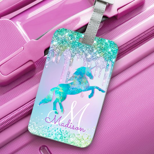 Elegant Turquoise Unicorn Glitter Drives monogram Bagagelabel