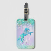 Elegant Turquoise Unicorn Glitter Drives monogram Bagagelabel (Voorkant (verticaal))