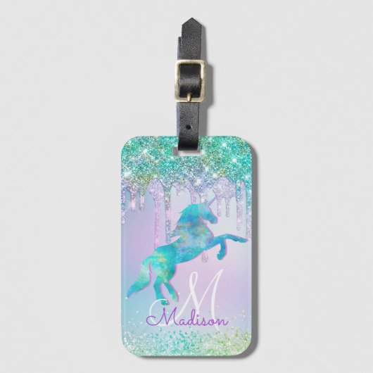 Elegant Turquoise Unicorn Glitter Drives monogram Bagagelabel (Voorkant (verticaal))