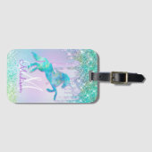 Elegant Turquoise Unicorn Glitter Drives monogram Bagagelabel (Voorkant (horizontaal))