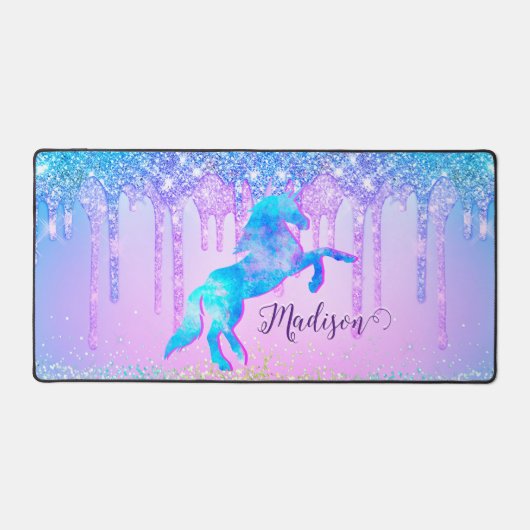 Elegant Turquoise Unicorn Glitter Drives monogram Bureaumat (Voorkant)