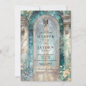 Elegant Turquoise Waterverf Trouw Monogram Kaart (Voorkant)