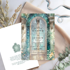 Elegant Turquoise Waterverf Trouw Monogram Kaart