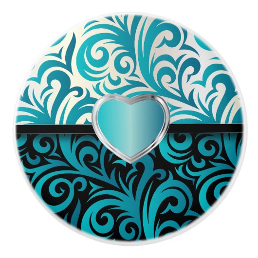 Elegant Turquoise, White en Black Floral Swirls Keramische Knop (Voorkant)