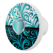 Elegant Turquoise, White en Black Floral Swirls Keramische Knop (Rechts)