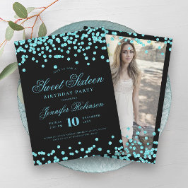 Elegant Turquoise Zwart Confetti Foto Sweet 16 Kaart