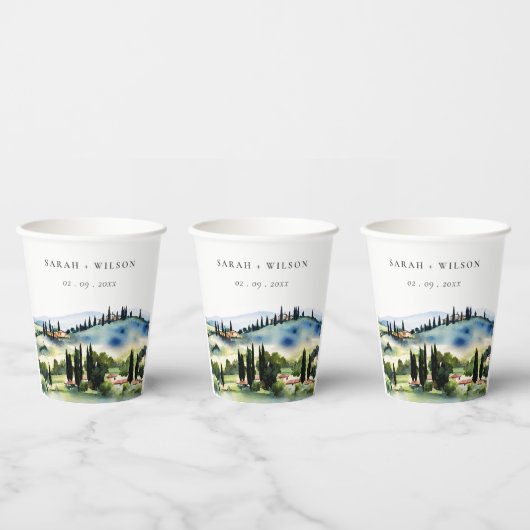 Elegant Tuscany Italië Waterverf Landschap Weddens Papieren Bekers (Multi)
