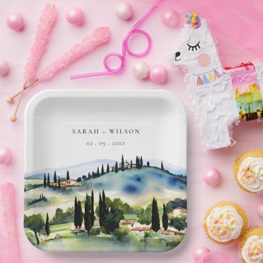 Elegant Tuscany Italië Waterverf Landschap Weddens Papieren Bordje (Feest)