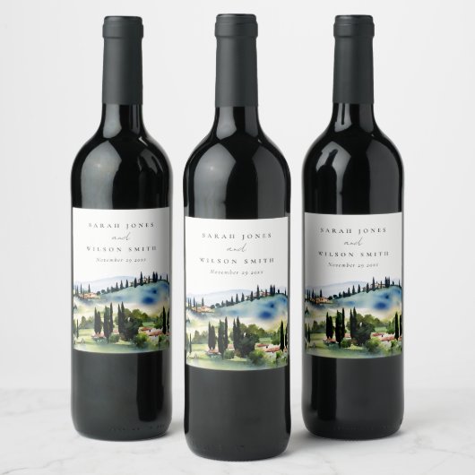 Elegant Tuscany Italië Waterverf Landschap Weddens Wijn Etiket (Flessen)