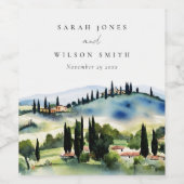 Elegant Tuscany Italië Waterverf Landschap Weddens Wijn Etiket (Enkel label)
