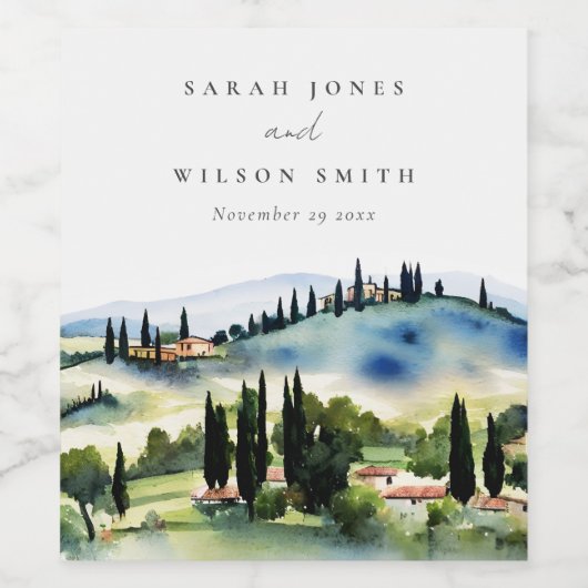 Elegant Tuscany Italië Waterverf Landschap Weddens Wijn Etiket (Enkel label)