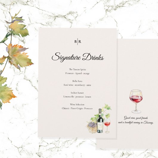 Elegant Tuscany Signature Drinks Wedding Sign Menu