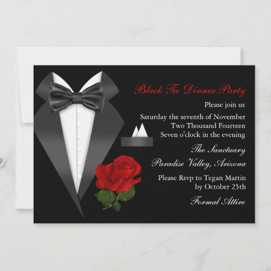 Elegant Tux & Roos Black Stropdas Dinner Party nod Kaart (Voorkant)