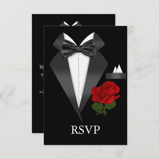 Elegant Tux & Roos Zwart Stropdas Party RSVP (Voorkant / Achterkant)