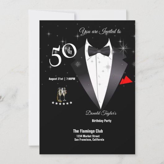 Elegant Tuxedo 50th Birthday Party Invitation Kaart (Voorkant)