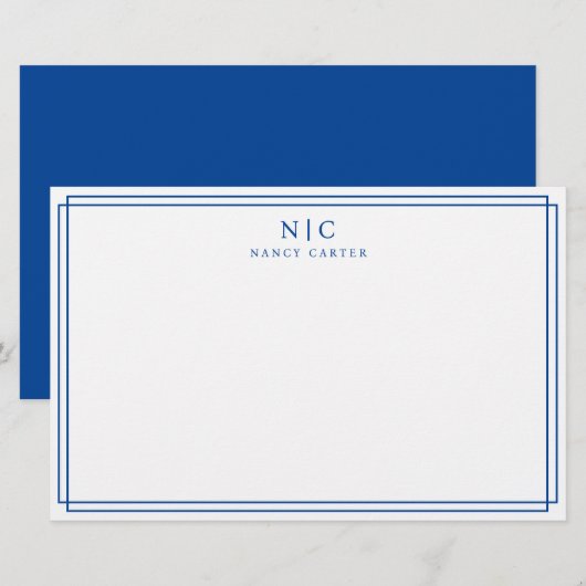 Elegant Twee Monogram Marine Blauw Geometrische Ra Briefpapier (Voorkant / Achterkant)