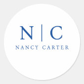 Elegant Twee Monogram Marine Blauw Naam Ronde Sticker (Voorkant)