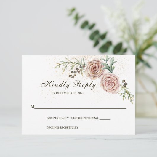 Elegant twee roze rozen weddenschap  RSVP kaartje (Staand voorkant)