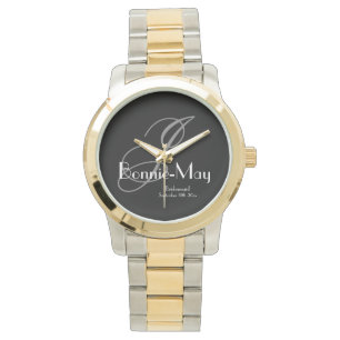 Elegant Tweetonig Monogram & Naam Bruidsmeisje Cad Horloge