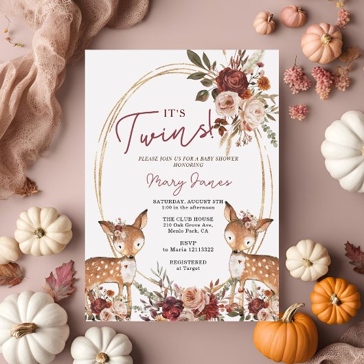 Elegant Twin Deer Marsala Flower Baby shower Kaart