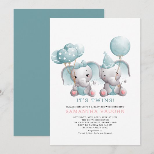 Elegant Twin Elephant Baby shower Kaart (Voorkant / Achterkant)