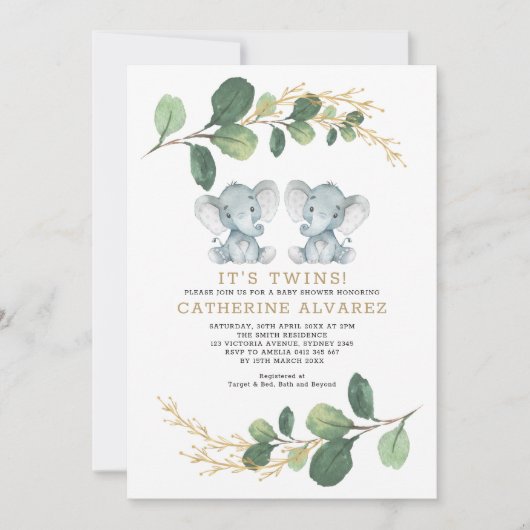 Elegant Twin Elephant Soft Greenery Baby shower Kaart (Voorkant)