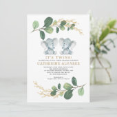 Elegant Twin Elephant Soft Greenery Baby shower Kaart (Staand voorkant)