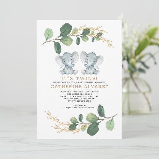 Elegant Twin Elephant Soft Greenery Baby shower Kaart (Staand voorkant)