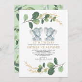 Elegant Twin Elephant Soft Greenery Baby shower Kaart (Voorkant / Achterkant)