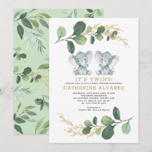 Elegant Twin Elephant Soft Greenery Baby shower Kaart