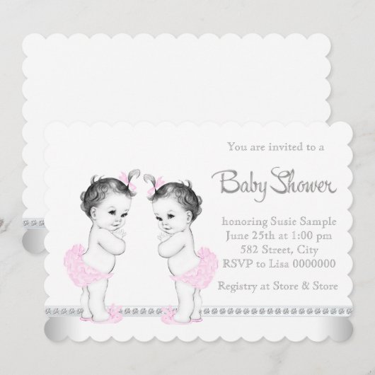 Elegant Twin Girl Baby shower Kaart (Voorkant / Achterkant)