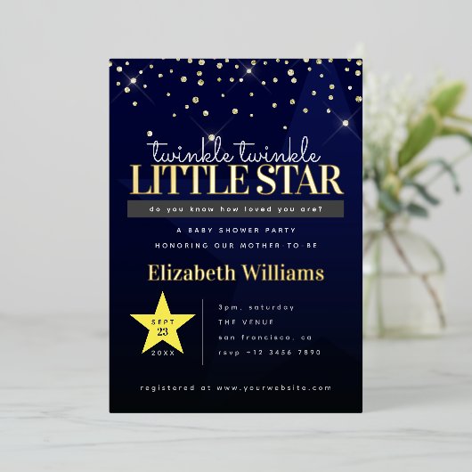 Elegant Twinkle Twinkle Little Star Baby shower Folie Uitnodiging (Staand Voorkant)