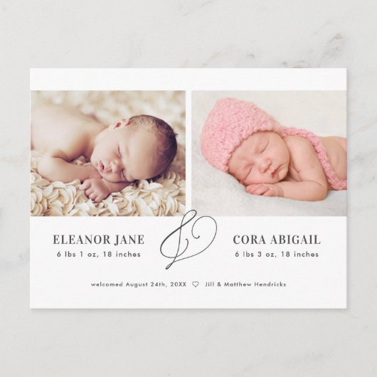 Elegant Twins Birth Announement Briefkaart (Voorkant)