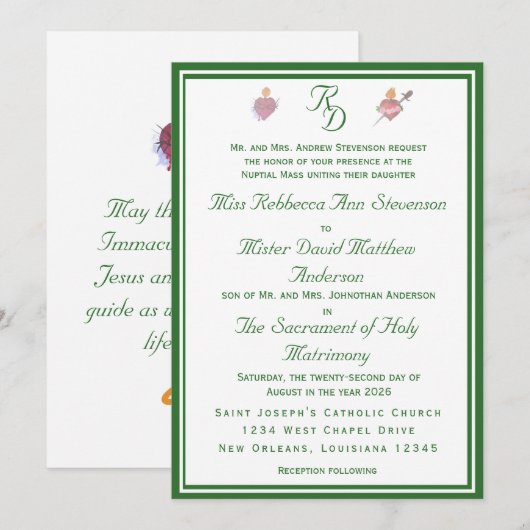 Elegant Two Hearts Catholic Wedding Invitation Kaart (Voorkant / Achterkant)