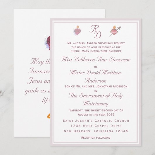 Elegant Two Hearts Catholic Wedding Invitation Kaart (Voorkant / Achterkant)