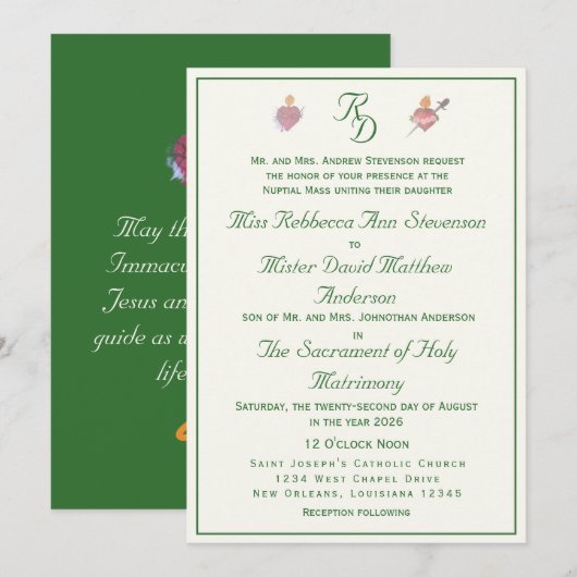 Elegant Two Hearts Catholic Wedding Invitation Kaart (Voorkant / Achterkant)