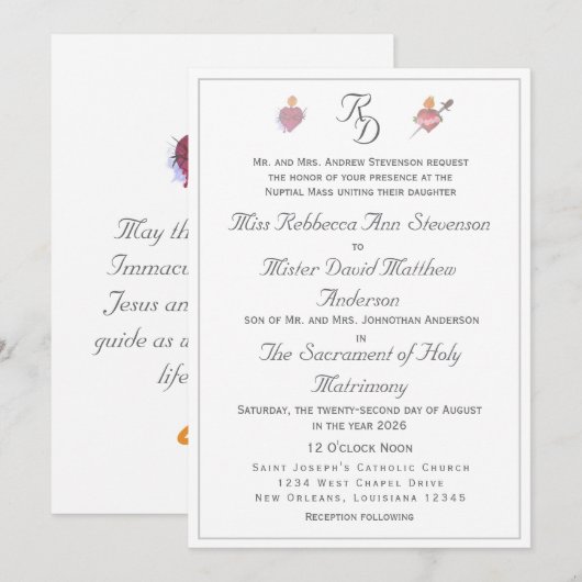 Elegant Two Hearts Catholic Wedding Invitation Kaart (Voorkant / Achterkant)