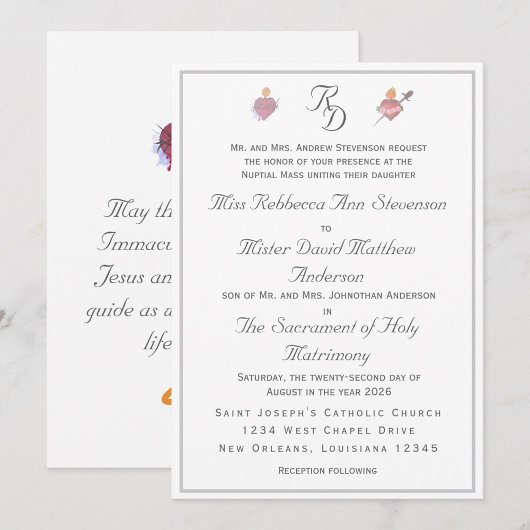 Elegant Two Hearts Catholic Wedding Invitation Kaart