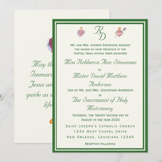 Elegant Two Hearts Catholic Wedding Invitation Kaart (Voorkant / Achterkant)