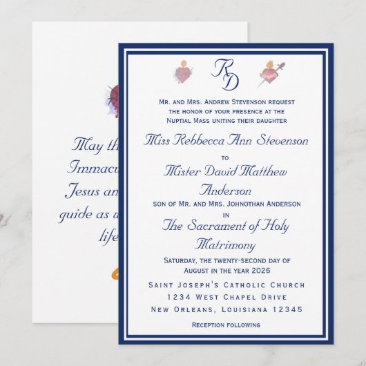 Elegant Two Hearts Catholic Wedding Invitation Kaart (Voorkant / Achterkant)