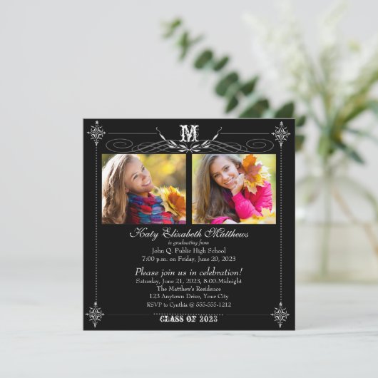 Elegant Two Photo Monogram Afstuderen Kaart (Staand voorkant)