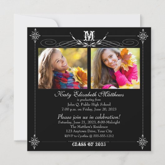 Elegant Two Photo Monogram Afstuderen Kaart (Voorkant)