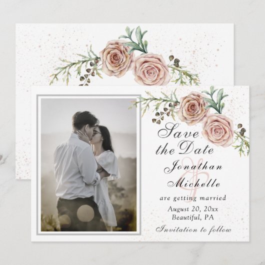 Elegant Two roze Roses Photo Inspirerend Wedding Save The Date (Voorkant / Achterkant)