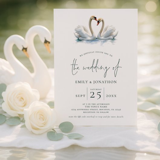 Elegant Two Swans Script Wedding Kaart