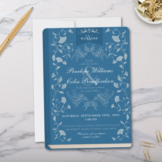 Elegant Two Tone Blue Floral Boek Hoesje Bruiloft Kaart