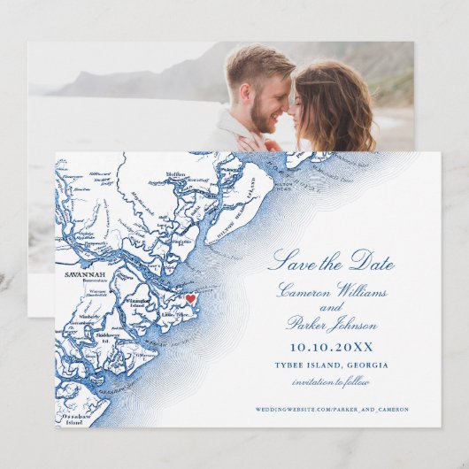 Elegant Tybee Island Georgia Kaart Bruiloft (Voorkant / Achterkant)