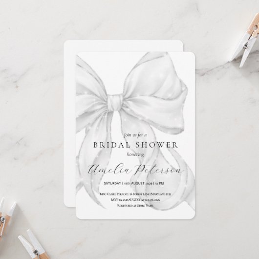 Elegant, tying the knot bridal shower white bow. kaart (Voorkant / Achterkant in situ)