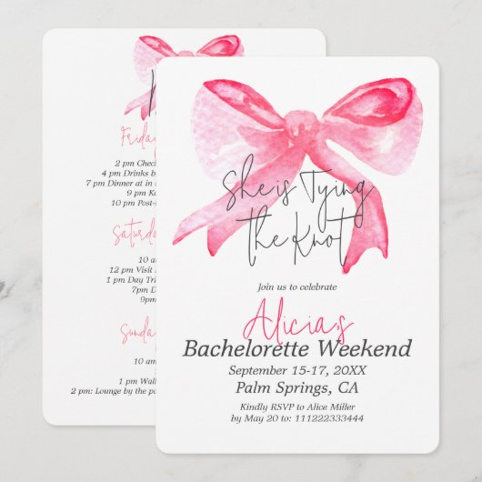 Elegant Tying the Knot Pink Bow Bachelorette Party Kaart (Voorkant / Achterkant)