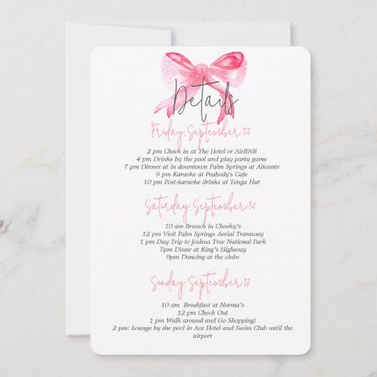 Elegant Tying the Knot Pink Bow Bachelorette Party Kaart (Achterkant)