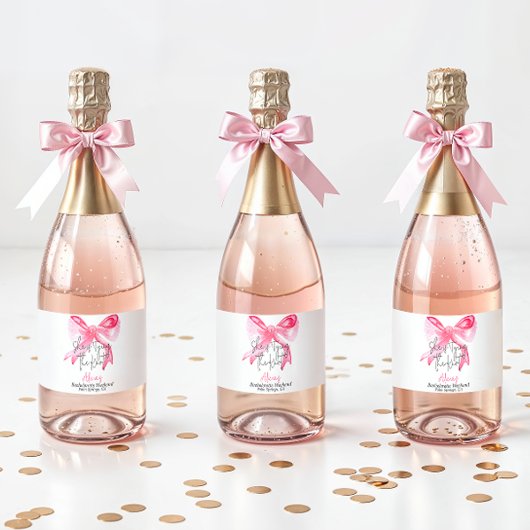Elegant Tying the Knot Pink Bow Bachelorette Party Sparkling Wijnetiket